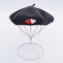 Load image into Gallery viewer, Wool Black Beret for Women with Embroidery Hearts