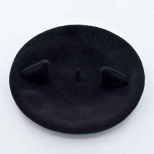 Embroidery MEOW Wool Black Beret