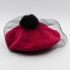 warm wool red beret with mesh veil