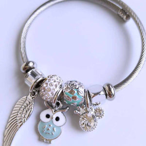 Green Owl Feather Charm Bracelet for Women