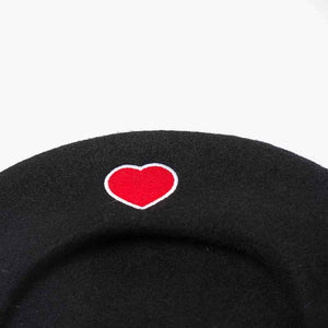 Embroidered Heart Women Wool Black Beret