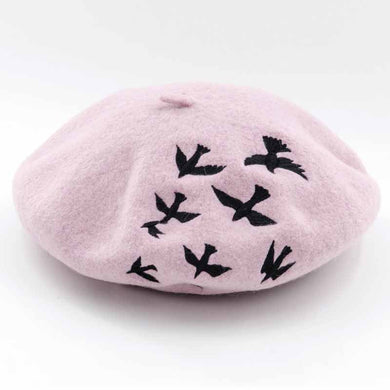 embroidery birds Wool pink beret hat for women