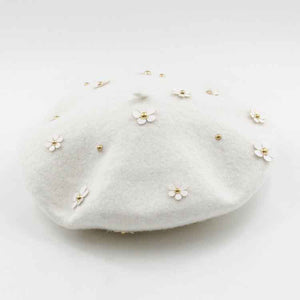 Flowers white wool beret for women