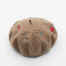 Load image into Gallery viewer, Wool brown beret hat for women with embroidery plane and heart