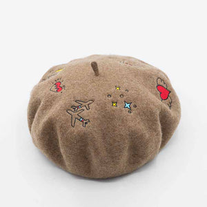 Wool brown beret hat for women with embroidery plane and heart