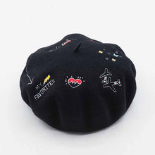 Load image into Gallery viewer, Embroidery plane and heart wool black beret for women