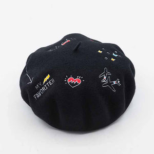 Embroidery plane and heart wool black beret for women