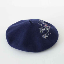 Load image into Gallery viewer, Women wool blue beret with embroidery flower
