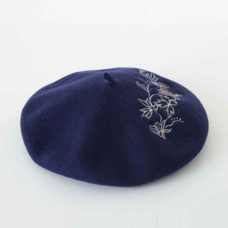 Women wool blue beret with embroidery flower