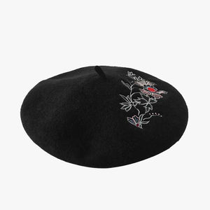 Women wool black beret with embroidery flower