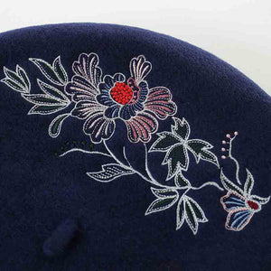Embroidery Flower Women Wool Beret Blue/Black