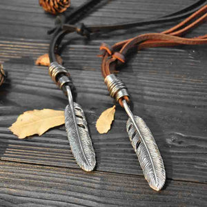 Feather pendant necklace with adjustable real leather cord creative handmade gift