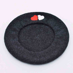 Wool Black Beret for Women with Embroidery Hearts