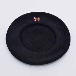 Embroidery Bow Wool Black Beret