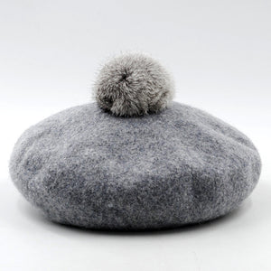 Women Wool Pom Pom Beret Beanie