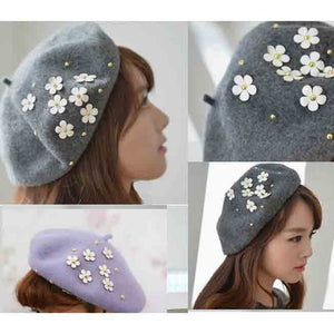 Cute flowers wool grey beret for women