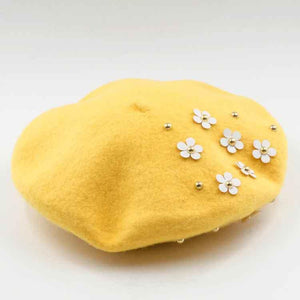 Yellow wool beret with flowers for girls