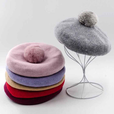Women Wool Pom Pom Beret Beanie