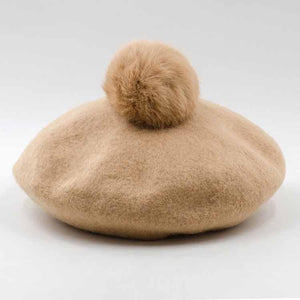 Women Wool Khaki Beret with Pom Pom