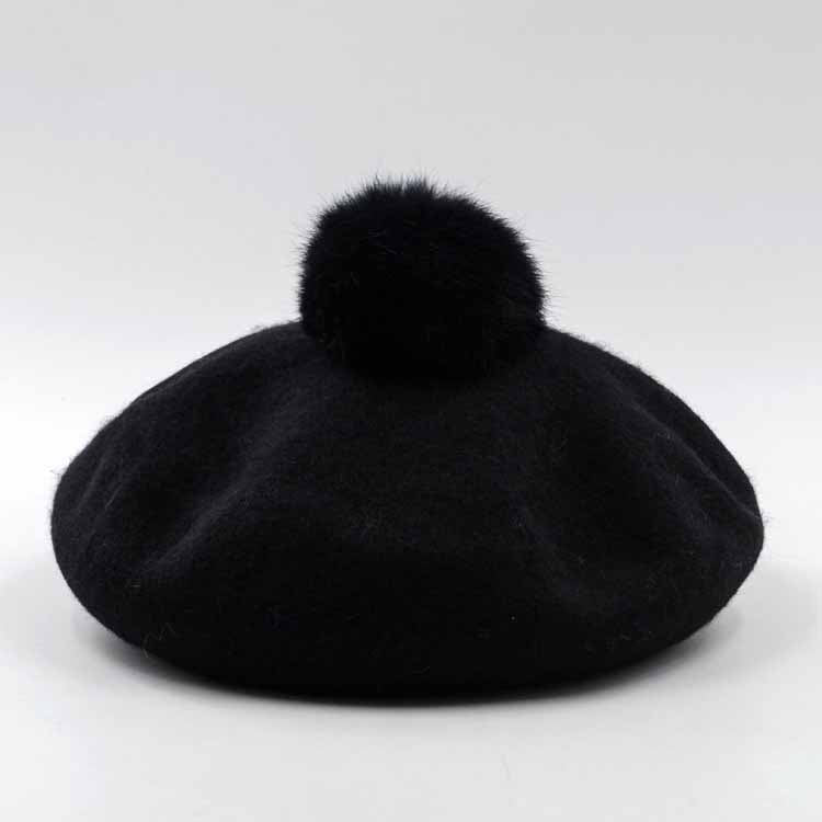 Women Wool Pom Pom Beret Beanie