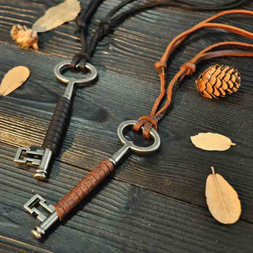 Real Leather Chain Retro Style Key Pendant Necklace Brown Black