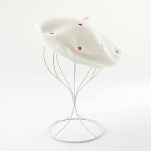 Embroidery Lips Hearts Wool White/Black Beret
