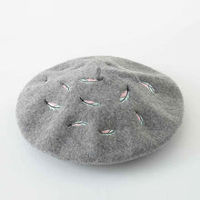Load image into Gallery viewer, Comfy and soft wool women beret with embroidered feather 