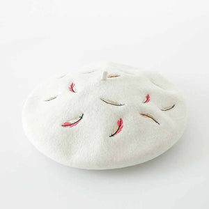 Embroidered Feather Wool Beret Women Hats