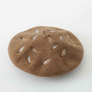 Embroidered Feather Wool Brown Beret Women Hats