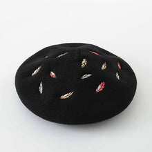 Load image into Gallery viewer, Embroidered Feather Wool Black Beret Women Hats