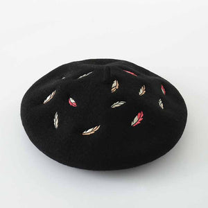 Embroidered Feather Wool Black Beret Women Hats