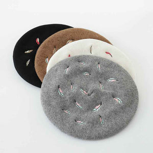 Embroidered Feather Wool Beret Hats 4 Colors