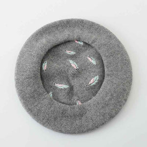 Embroidered Feather Wool Beret Hats 4 Colors