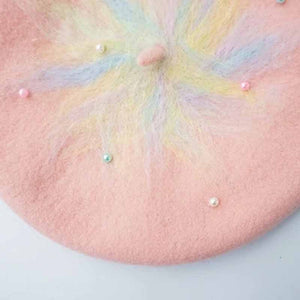 Colorful Wool Beret with Pearl