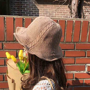 Spring Summer Folded Knitted Bucket Hat for Women Cream/Brown/Black