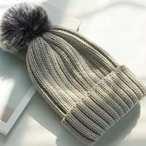 Winter Grey Beanie hat with fur pompom