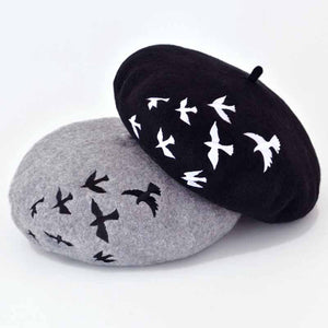 Embroidery Birds Women Wool Beret Hats Black/Grey/Pink/White