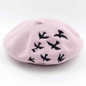 embroidery birds Wool pink beret hat for women