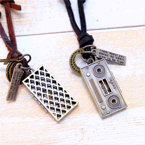 Real Leather Cord Retro Style Radio Pendant Necklace Black Brown
