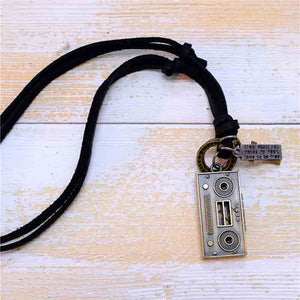 Real Leather Cord Retro Style Radio Pendant Necklace Black Brown