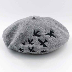 Embroidery birds Wool grey beret hat for women