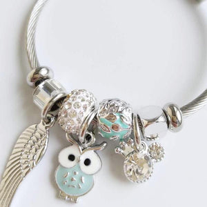Green Owl Feather Charm Bracelet for Women